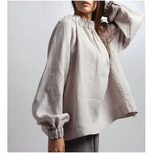 Knotium Ariel Puff Sleeve Linen Blouse with Gathered Neck