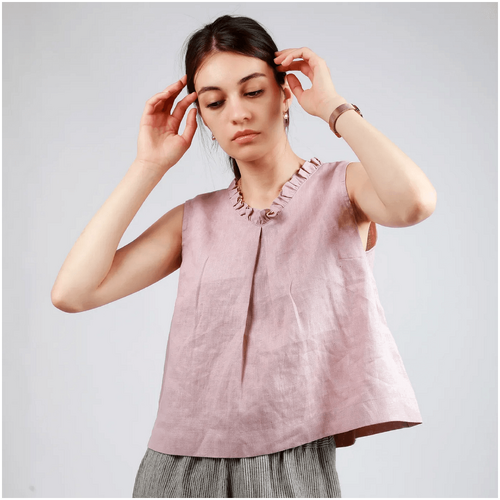 Knotium Cleo Linen Top with Ruffled V-Neck