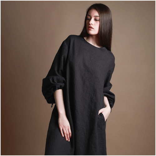 Knotium Yello Puff Sleeve Midi Linen Dress