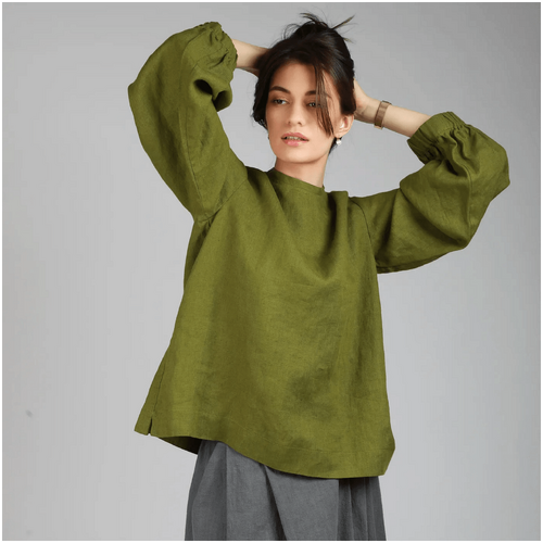 Knotium Boema Loose Bohemian Balloon Sleeve Linen Blouse
