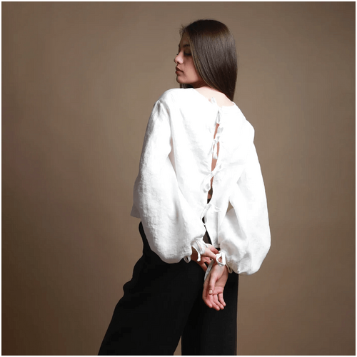 Knotium Yello Puff Sleeve Cropped Linen Shirt with Back Ties