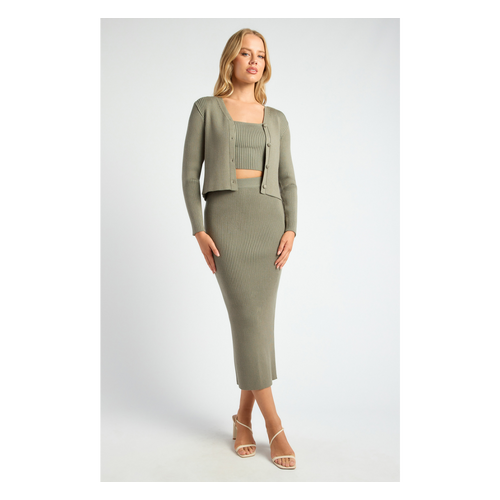 Three Piece Knit Set with Self Fabric Button Cardigan and Midi Skirt (SKN903)