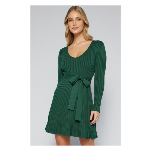 A-Line Rib Knit Dress with Belt (SKN696)