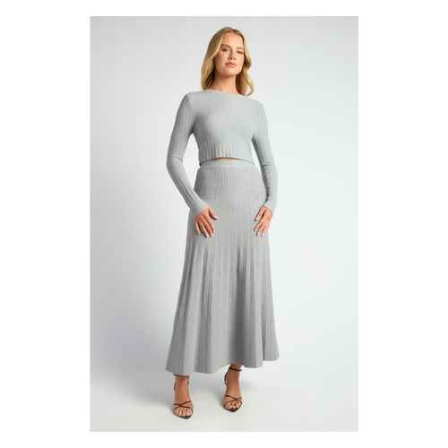 Boat Neckline Top and Pleated A-Line Maxi Skirt Knit Set (SKN906)