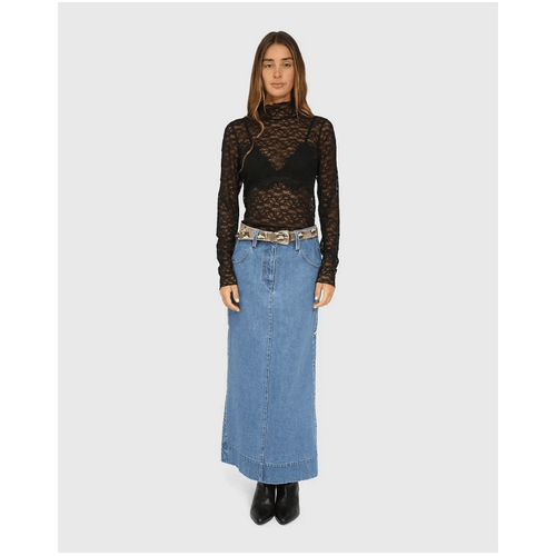 belle &amp; bloom Edge Line Denim Maxi Skirt with Side Buttons - Mid Denim Wash