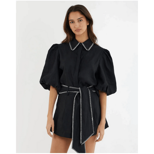Amelius Chloe Stitch Detail Linen Shirt - Black