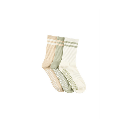Women&#39;s Cotton Crew Pilates Socks - Pack 3 with Cushion Foot Rib Leg &amp; Non Slip Sole Botanic Neutral