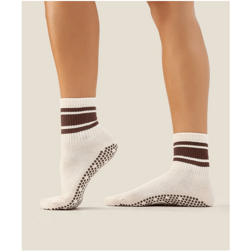MoveActive Crew Grip Socks - Oat Espresso Stripe