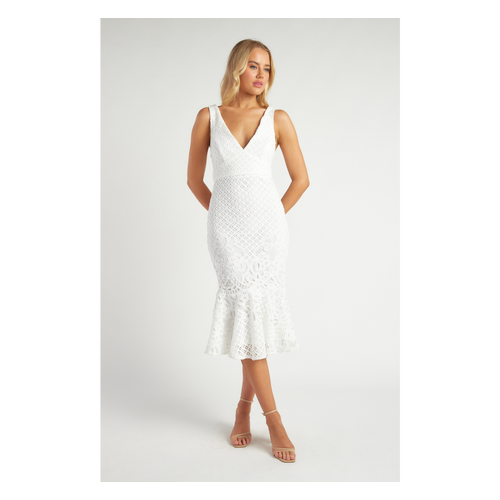 Lace V Neckline Midi Dress with Fishtail Hem (SDR1367A)