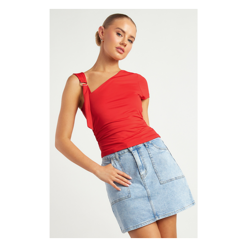 D-Ring Buckle Shoulder Detail Ruched Jersey Top (WTO587A)