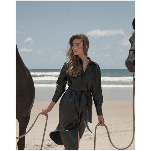 Amelius Bolt Vegan Leather Shirt Dress - Black