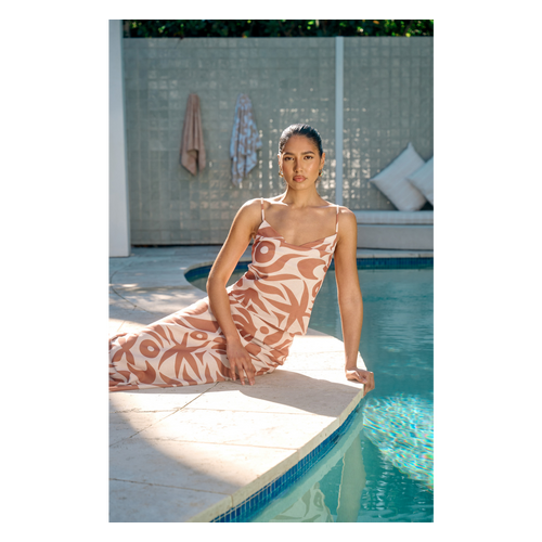 Abstract Print Faux Linen Set with Cowl Neck Top and Skirt (WSE361A)