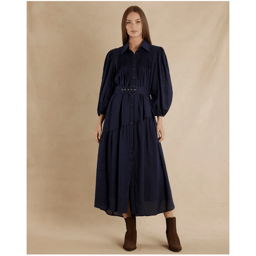Amelius Poeta Ramie Pintuck Belted Dress - Navy