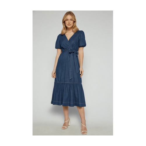 Chambray Bubble Sleeve Midi Dress (SDR1544B)