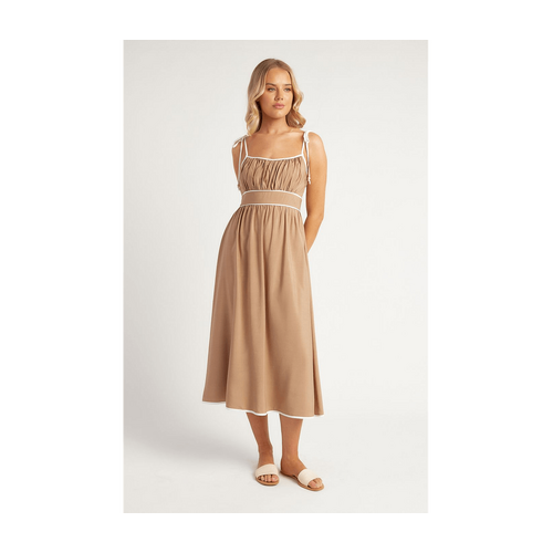 Cotton Blend Contrast Binding Midi Dress with Shoulder Tie Details (SDR1638A)