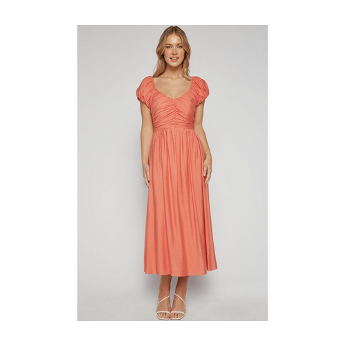 Bubble Sleeve Gathered Bodice Midi Dress (SDR1655A)