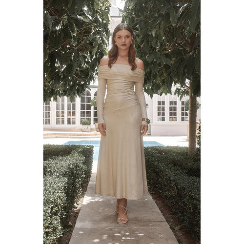 Off Shoulder Ruched Bodice Textured Maxi Dress (SDR1737A)