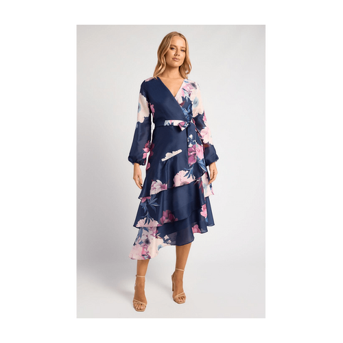 Exclusive Floral Print Asymmetric Tiered Hem Midi Dress (SDR1760A)