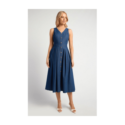 Embossed Gold Button Chambray Dress With Pleated Panel Details (SDR1763A)