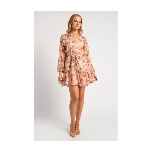 Floral Print Chiffon Dress With Elastic Waist And Ruffle Details (SDR1776A)