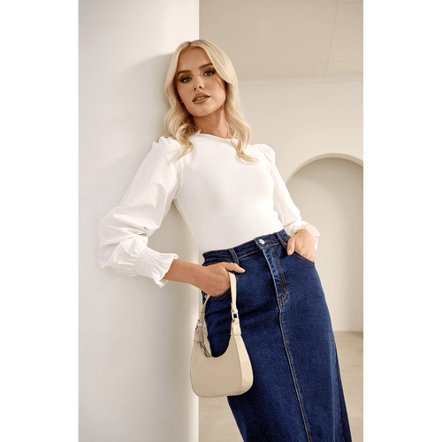 Knit Top with Contrast Woven Sleeves (SKN757)