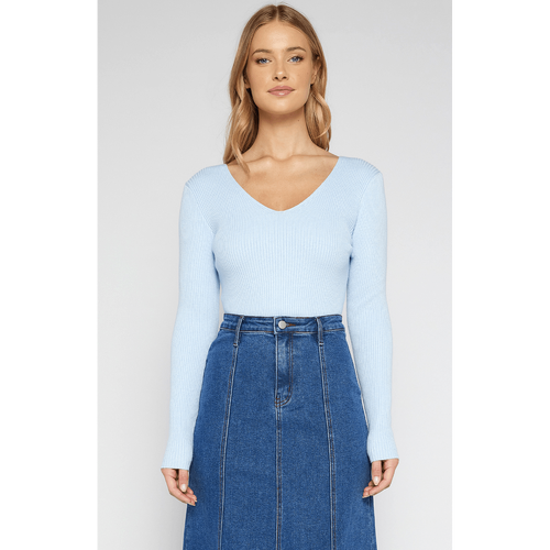 V Neck Long Sleeve Ribbed Knit Top (SKN795)