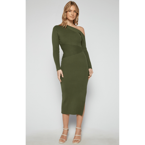 Contrast Knit Panel One Shoulder Midi Dress (SKN816)