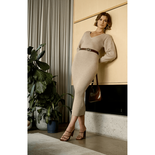 Contrast Panel Bubble Sleeve Knit Midi Dress (SKN823)