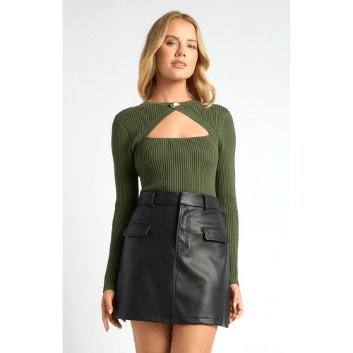 Gold Feature Button Front Cut Out Knit Top (SKN940)