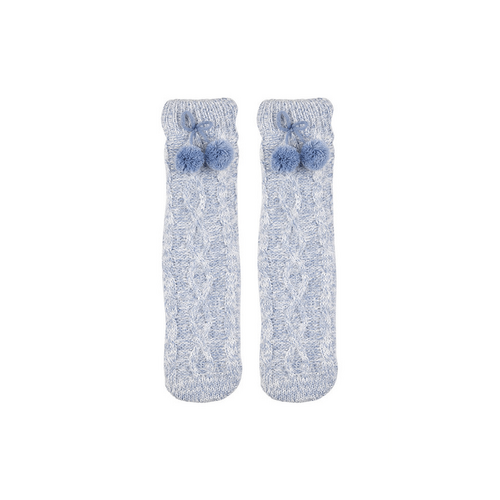 Womens Hotty Super Soft Faux Sherpa Lined Slipper Socks with Non-Slip - Feather Yarn Cable Knit- Blue