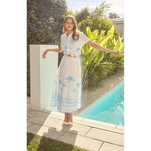 Palm Tree Placement Print Set with Button Up Shirt and Pleated Skirt (SSE484B)