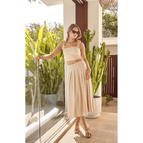 Linen Blend Set with Ruffle Detail Top and Skirt (SSE494A)