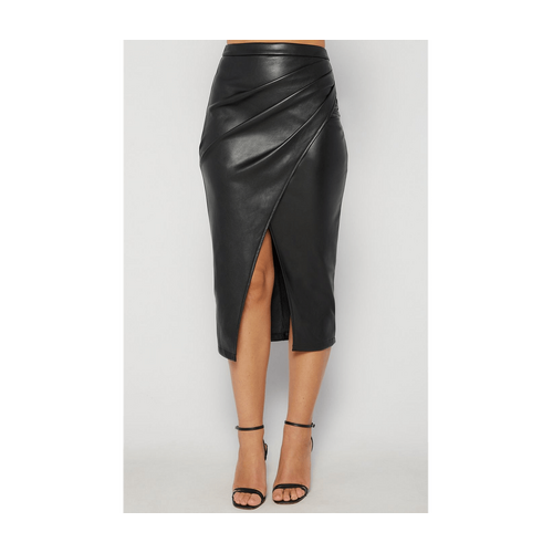 Faux Leather Midi Skirt with Side Pleated Details (SSK356B)