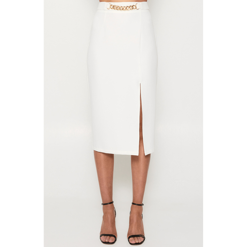 Gold Chain Detail Midi Skirt with Split (SSK368B)