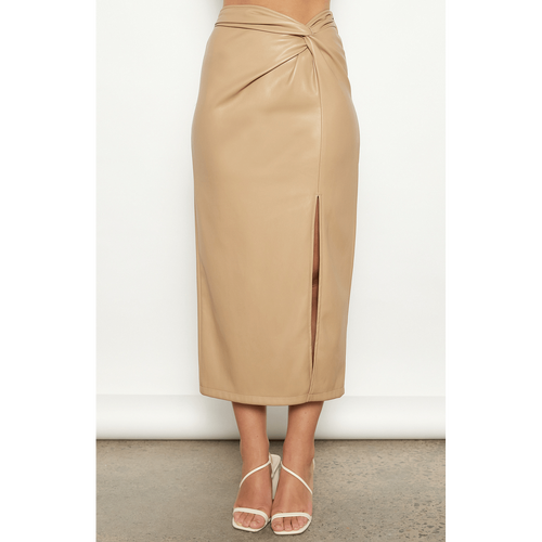Faux Leather Midi Skirt with Front Knot and Split Detail (SSK374B)