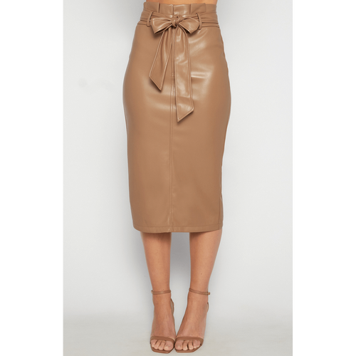 Paperbag Waist Faux Leather Midi Skirt (SSK376B)