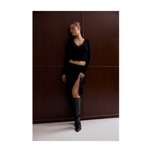 Style Addict Serena Satin Lace Trim Skirt - Black