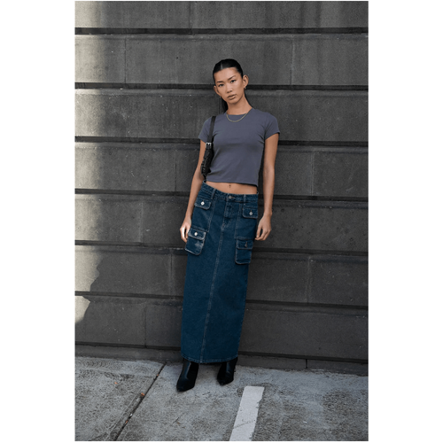 Style Addict Aubrey Denim Pocket Maxi Skirt - Blue
