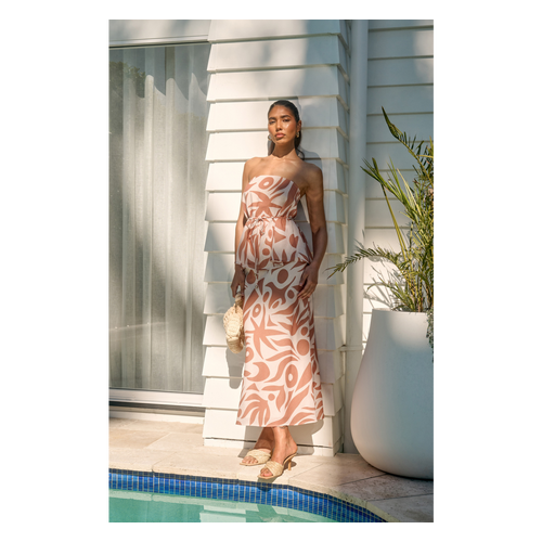 Strapless Abstract Print Faux Linen Top with Thin Tie Belt (WTO572A)