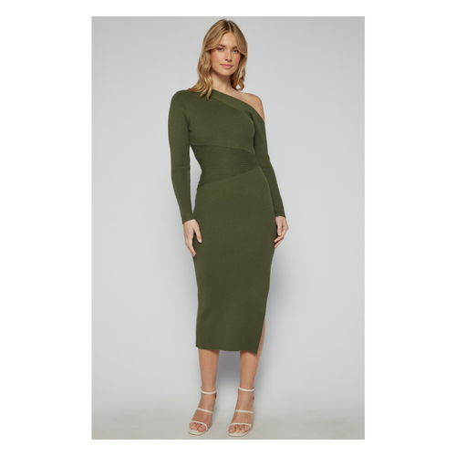 Contrast Knit Panel One Shoulder Midi Dress (SKN816)