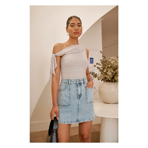 Asymmetric Neckline Shoulder Tie Top (WTO580B)