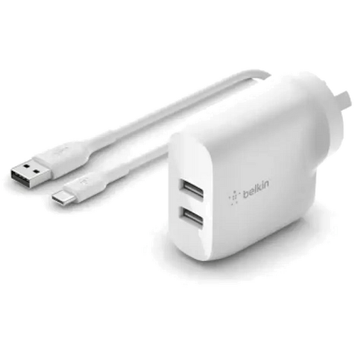 Belkin 24W Dual Wall Charger and USB-A to USB-C Cable Universally compatible - White