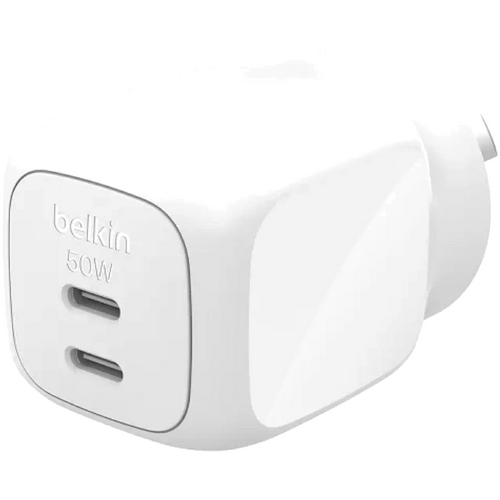 Belkin BoostCharge 50W GaN Wall Charger With Dual port USB-C Output - White