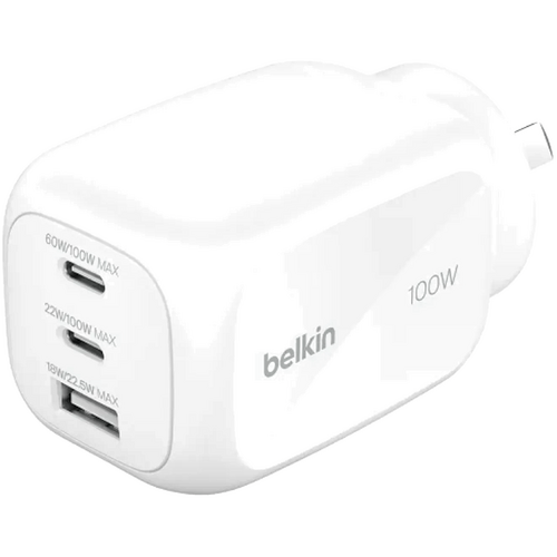 Belkin BoostCharge 100W GaN Wall Charger With 3-Port USB-C Output - White