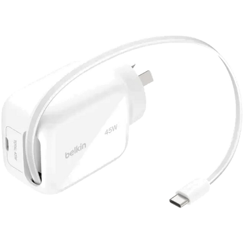 Belkin BoostCharge Pro Wall Charger 45W GaN with retractable cable - White
