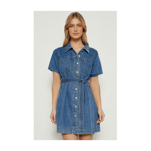Button Up Denim Mini Dress with Stitched Detail Belt (WDM606)