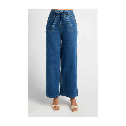 High Waisted Patch Pocket Denim Jeans With Tie Belt (WDM643B)