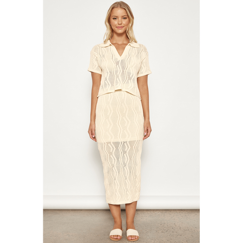 Crochet Knit Set with Collared Top and Midi Skirt (WKN643)