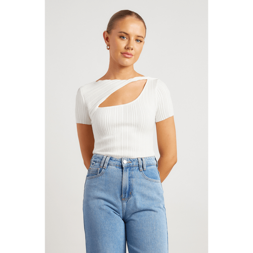 Short Sleeve Twist Neckline Cut Out Detail Knit Top (WKN719)
