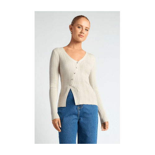 Asymmetric Pearlescent Button Detail Knit Top (WKN772)